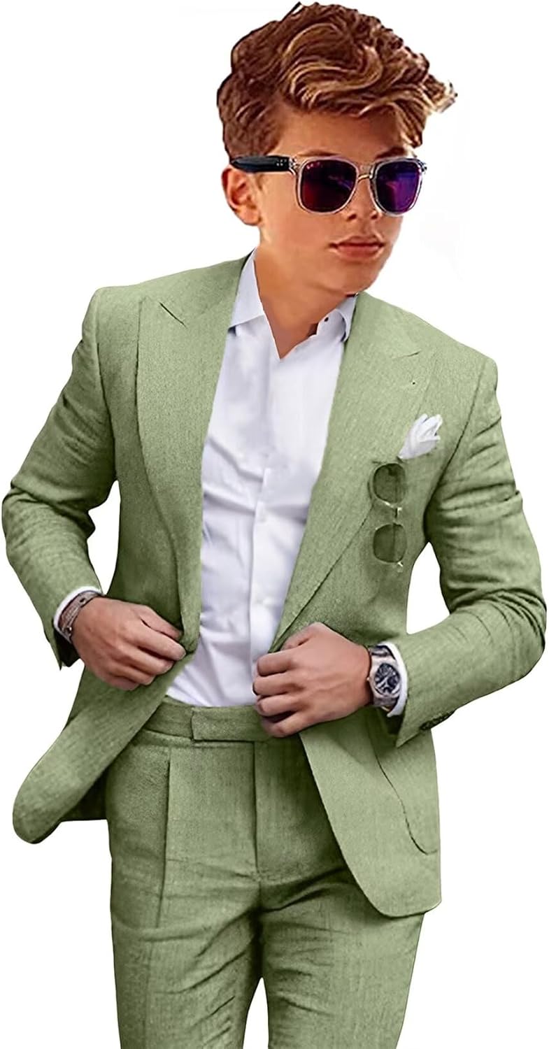 Boys Linen Suits Casual 2 Piece Summer Beach Wedding Tuxedo