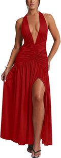 Ekaliy Women's Sexy Halter Deep V Neck Maxi Dress for Parties