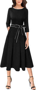 Womens Elegant Pockets Belted A-Line Midi Dress - Pleated Workwear