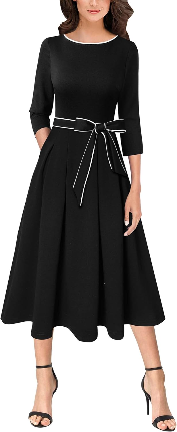 Elegant Pockets Belted A-Line Midi Dress for Women Workwear