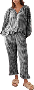 Flygo Womens Plaid Pajamas Set - Cotton Gingham 2-Piece Ruffle PJs