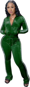 Womens Velour Tracksuit 2 Piece Set - Soft Zip Crop Top & Joggers