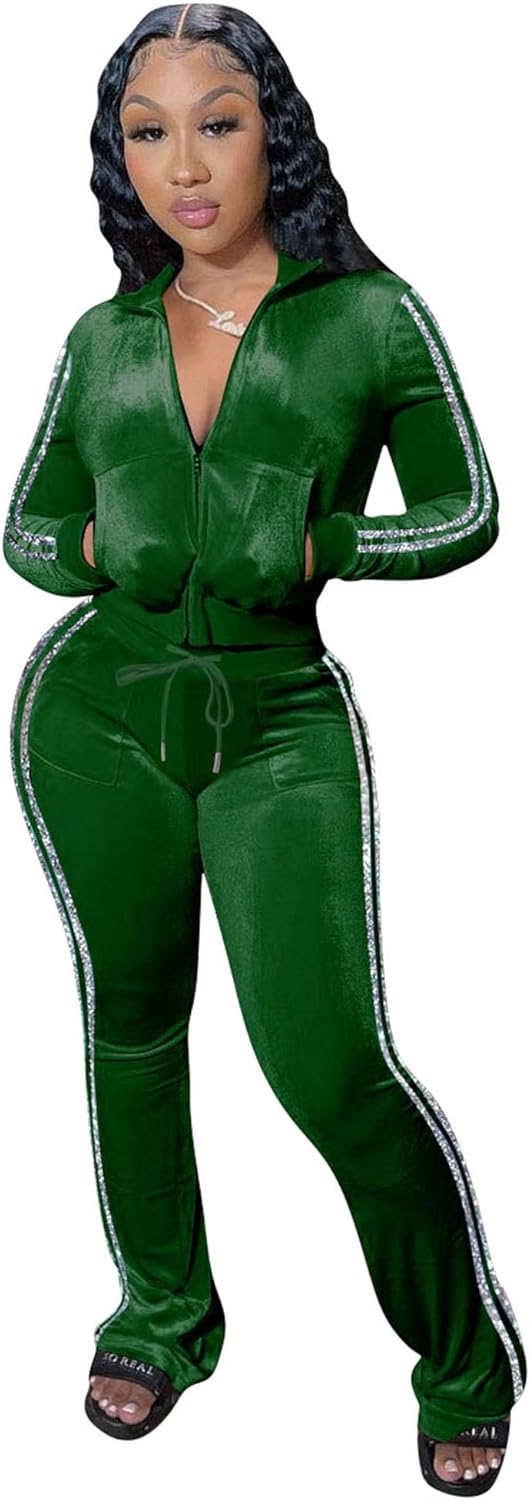 Womens Velour Tracksuit Set with Zip Up Crop Top and Pants