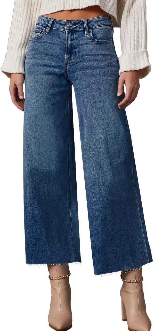 High Waisted Straight Ankle Wide Leg Ripped Jeans for Women