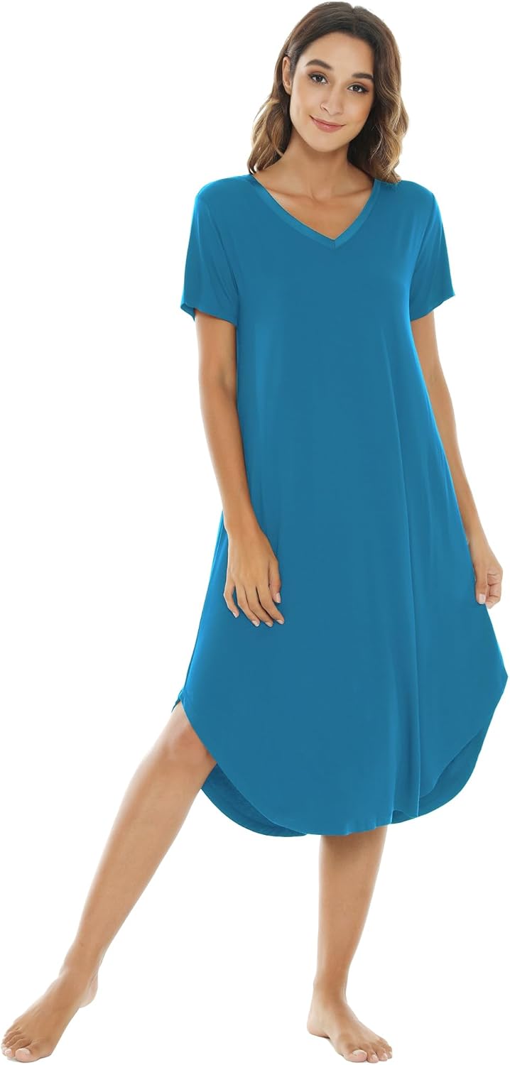 Cooling Bamboo Viscose Nightgowns for Women - Short Sleeve Sleepwear