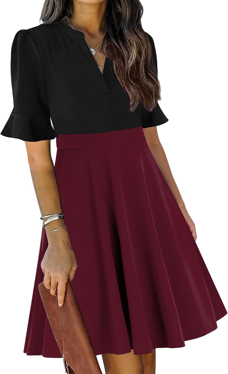 Mokayee Womens Summer V Neck Ruffle Short Sleeve Dress