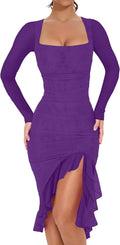 Women's Mesh Ruched Bodycon Midi Dress - Ruffle Hem Elegant