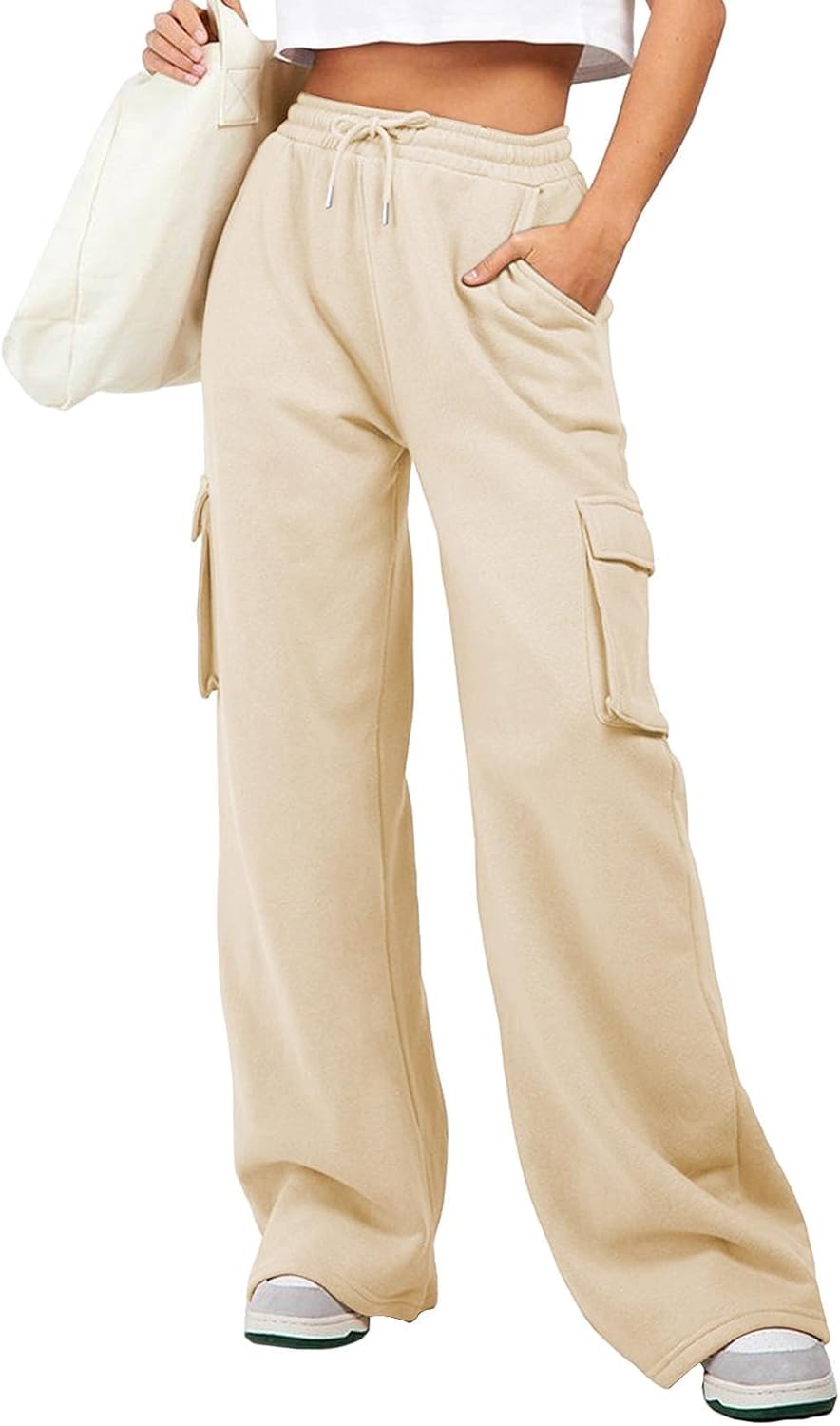 High Waisted Drawstring Wide Leg Cargo Pants for Women