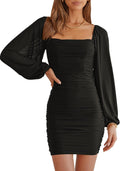 ANRABESS Square Neck Mesh Ruched Bodycon Mini Dress - Sleek Party Fit