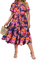 Plus Size Dresses for Curvy Women Collared Vneck Midi Ruffle Dress