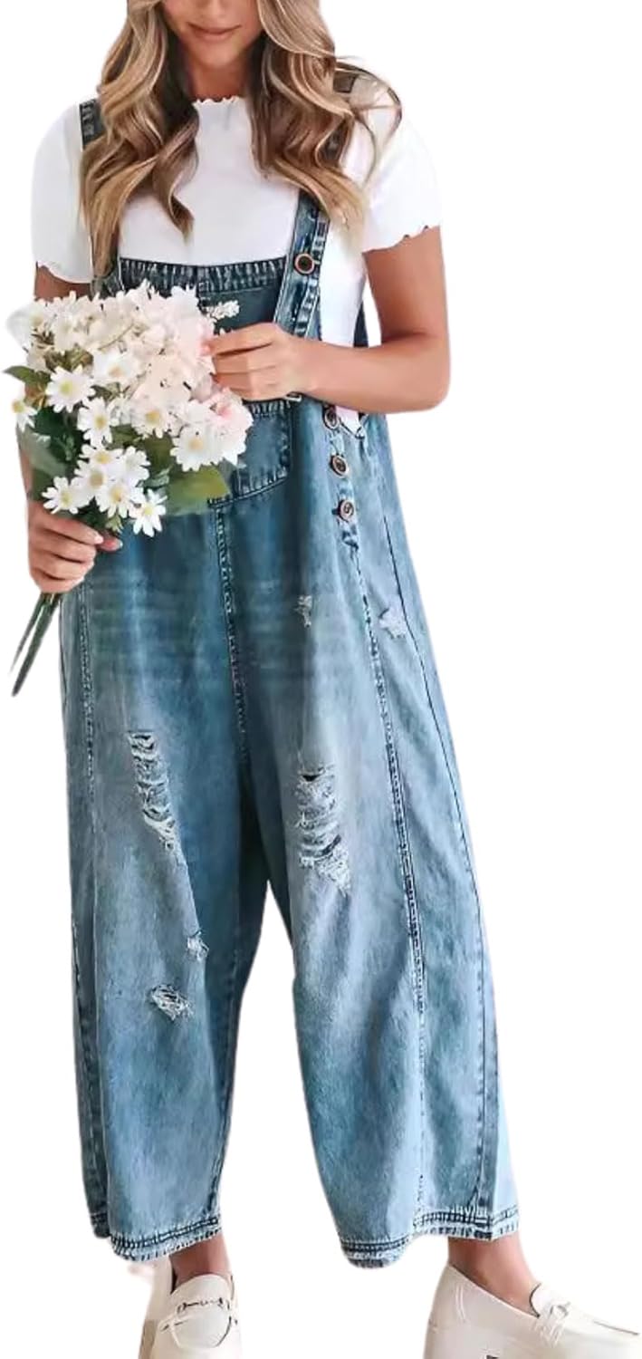 Chouyatou Women Loose Adjustable Strap Denim Bib Overalls