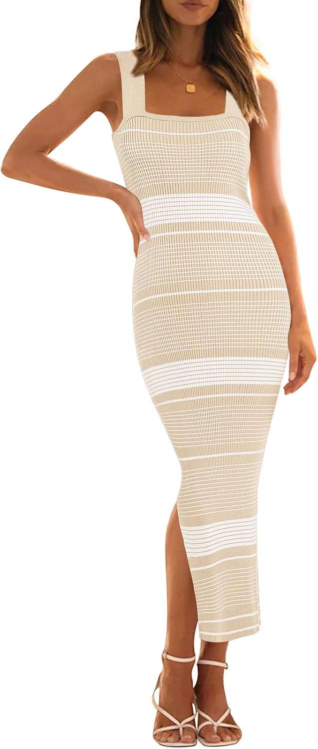 MEROKEETY Women's Bodycon Midi Dress for Summer Vacation Fun