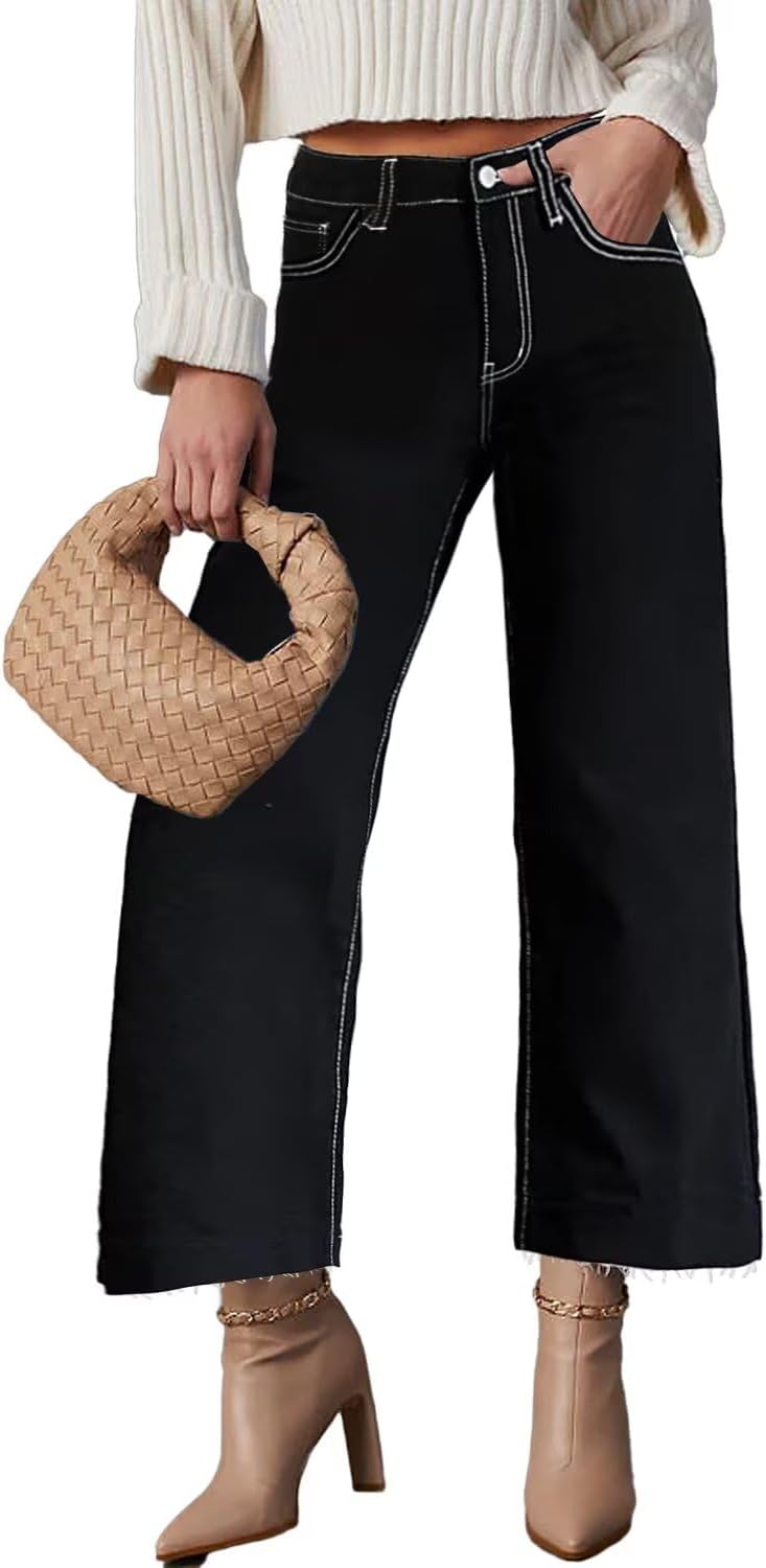 High Waisted Straight Ankle Wide Leg Ripped Jeans for Women