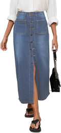 Women's Casual Slit Denim Midi Jean Skirt High Waisted Button Up