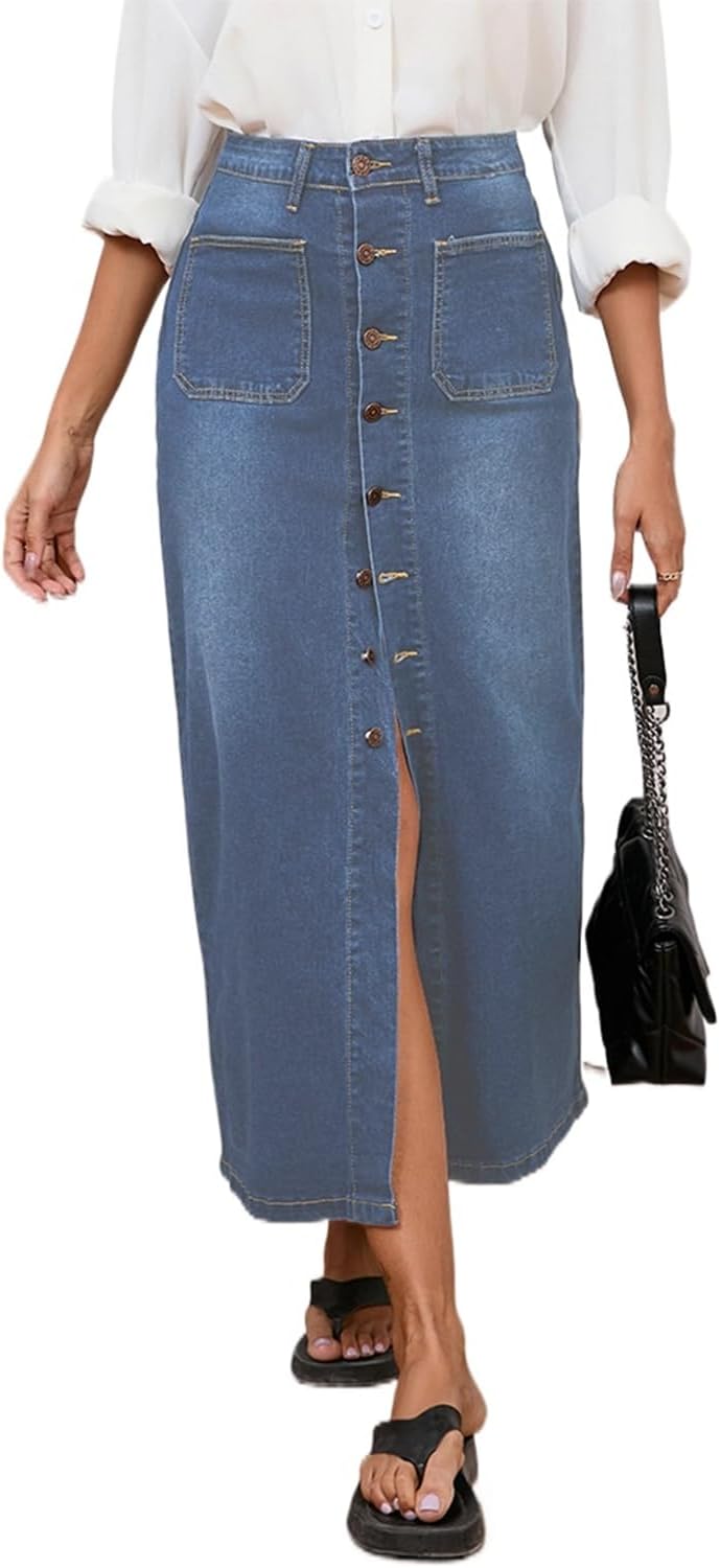 Women's Casual Slit Denim Midi Jean Skirt with Pockets