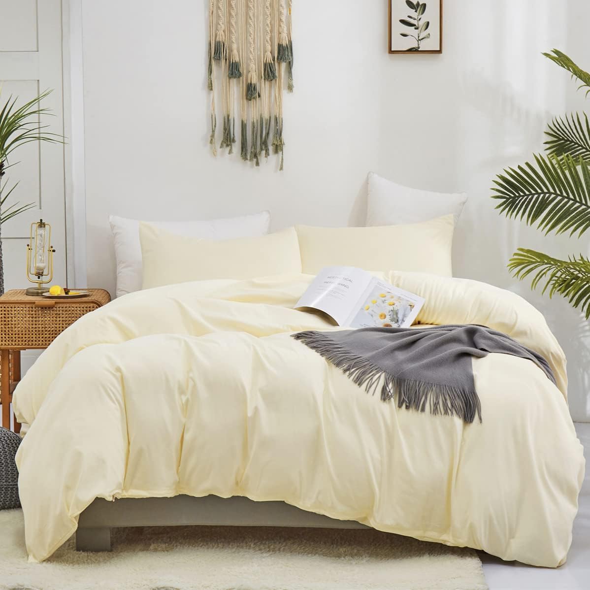 KAREVER Light Yellow Comforter Set Queen Soft Off White Bedding