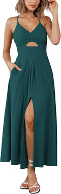 Women Spaghetti Strap Midi Dress - Cutout V Neck Summer Midi
