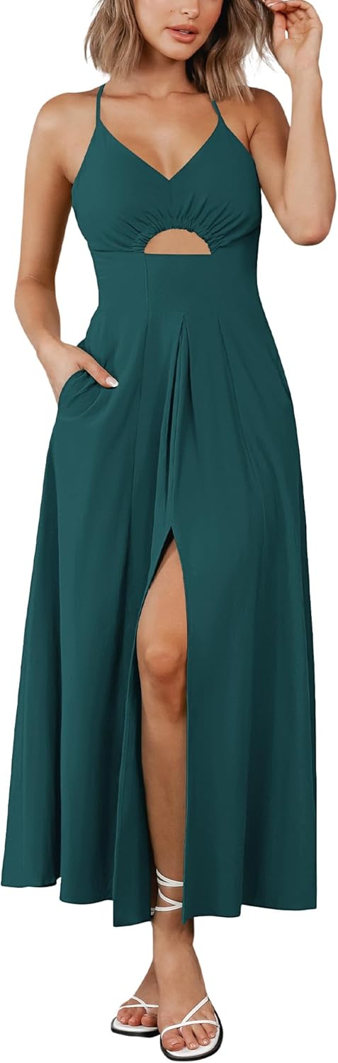 BTFBM Women Summer Spaghetti Strap Midi Dress with Pockets