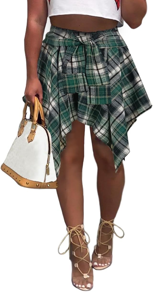 Women's Plaid Skirts High Waisted Knot Front Mini Skater Style