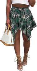 Women's Plaid Skirts High Waisted Knot Front Asymmetrical (Style 58TK)