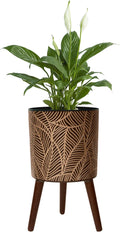 12in Black Plant Pot with Stand - Boho Floral Embossed Planter