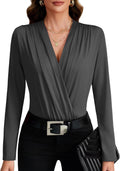 LYANER Women's Wraped V Neck Ruched Long Sleeve Leotard Bodysuit