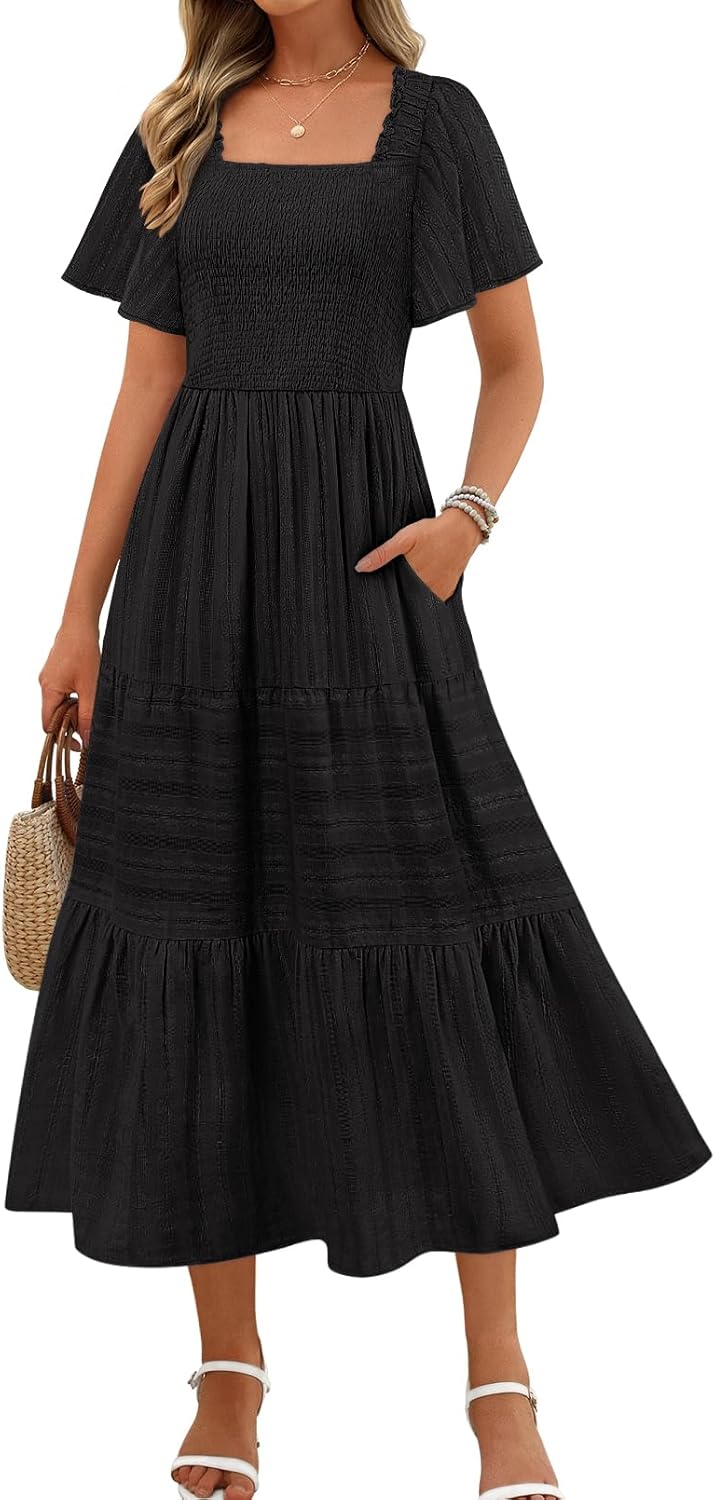 MEROKEETY Women's Summer Flowy Midi Maxi Dress with Pockets