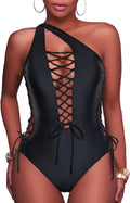 One Piece Swimsuit One Shoulder Lace Up Monokini - Flattering Fit