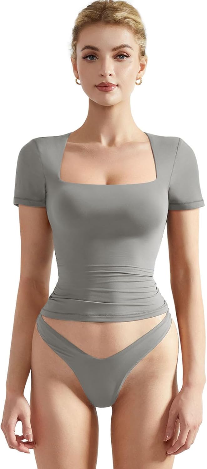 SUUKSESS Women Double Lined Fitted Basic Tee Square Neck Top