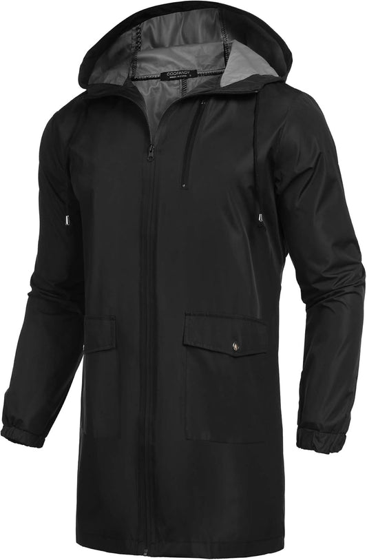 COOFANDY Men's Long Raincoat - Lightweight Waterproof Jacket