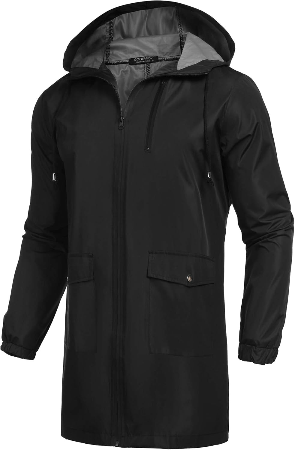 Men's Long Waterproof Rain Jacket with Hood for Outdoor Use
