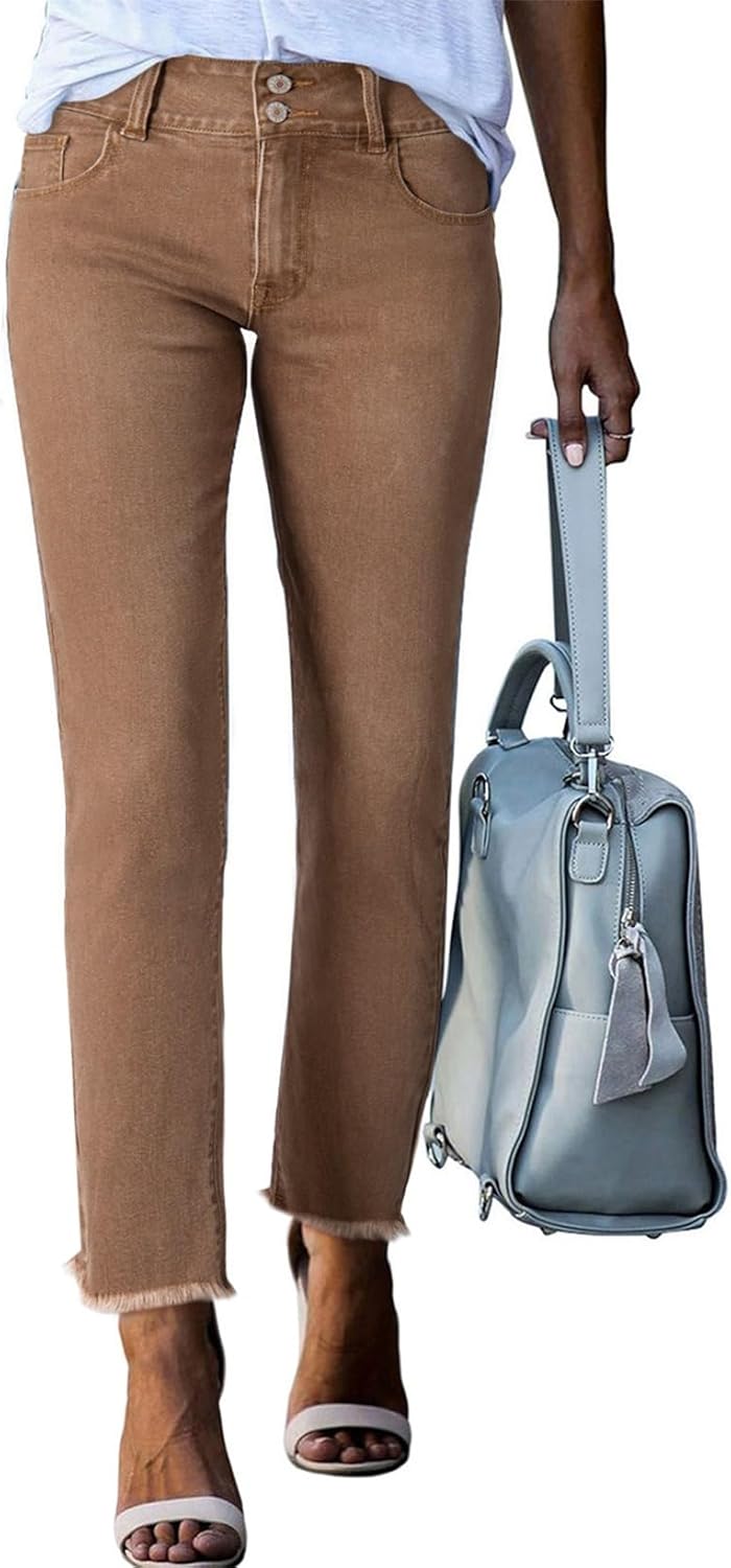 High Waisted Straight Leg Jeans with Raw Hem for Women
