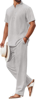 Men's Cotton 2 Piece Henley Shirt and Beach Pants Set - Lightweight