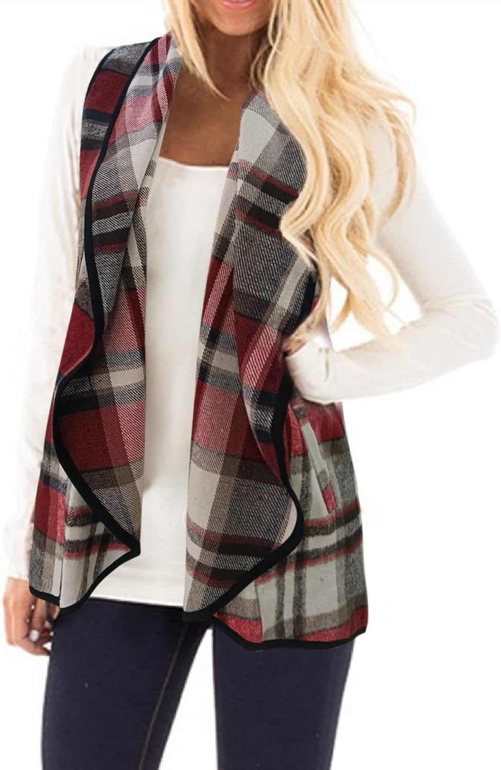 YACUN Women Plaid Vest Stylish Open Front Sleeveless Jacket