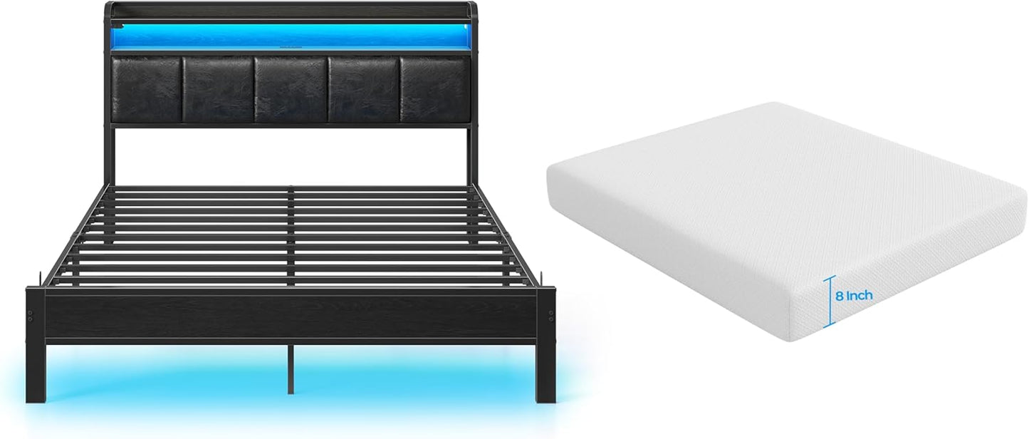 Rolanstar Queen Bed Frame with LED Lights and Charging Station