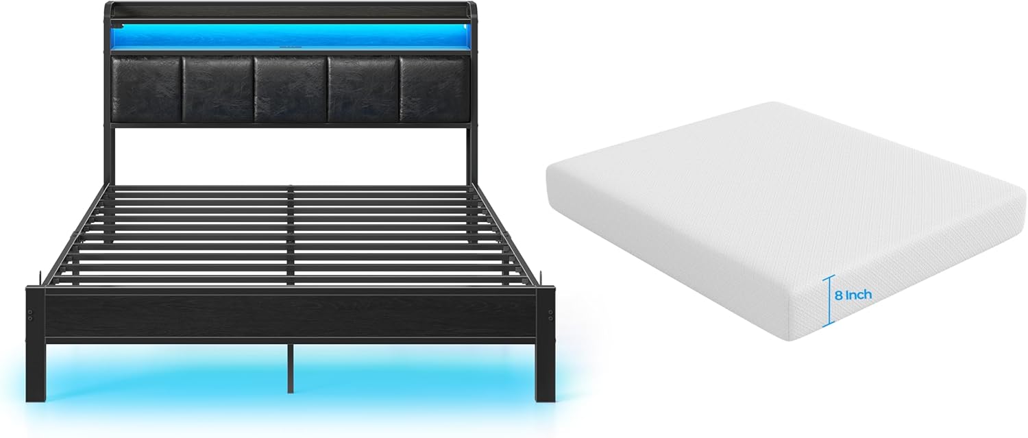 Rolanstar Queen Bed Frame with LED Lights and Charging Station