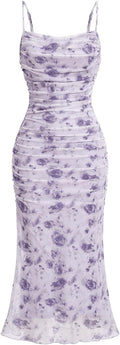 Women's Floral Ruched Bodycon Midi Dress - Flattering Mesh Fit