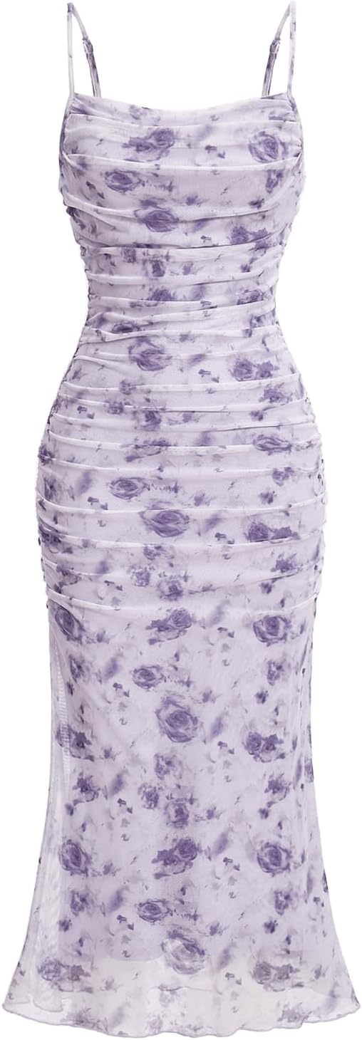 GORGLITTER Women's Floral Ruched Bodycon Midi Dress for All Occasions