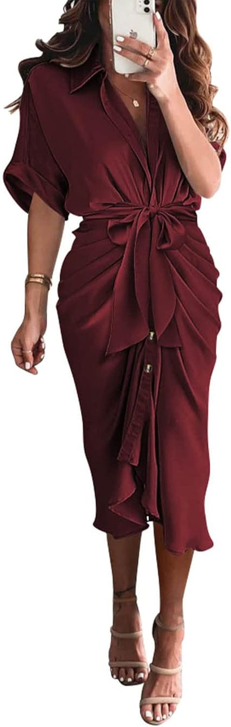 BTFBM Women Button Down Ruched Shirt Dress for Summer Events
