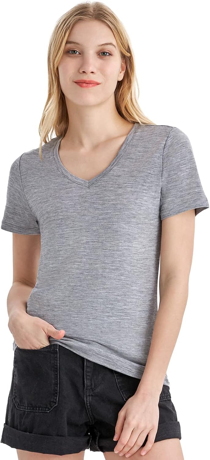 Merino Wool V Neck T-Shirt for Women - Odor Resistant Base Layer