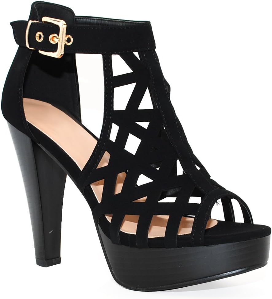 Open Toe Ankle Strap Sandal Bootie with Stacked Heel Design