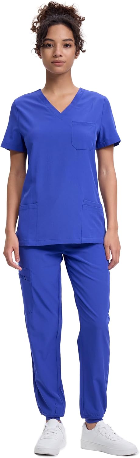 Women's V-Neck Scrubs Top & Cargo Pants Set with 10 Pockets