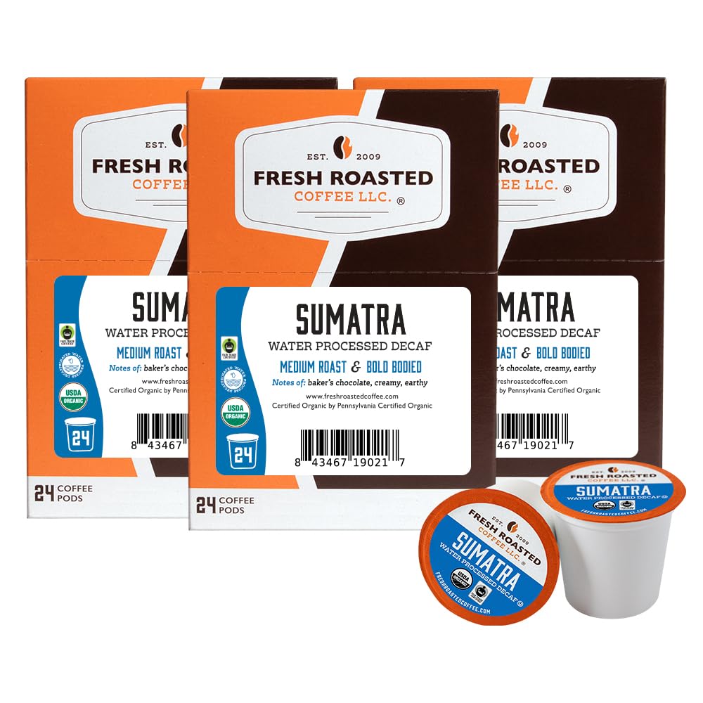 Fresh Roasted Coffee Organic Sumatra Decaf Pods for K-Cup Brewers