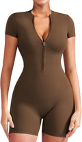Women Short Sleeve Workout Jumpsuit Zip Up Romper (Style QW3D)