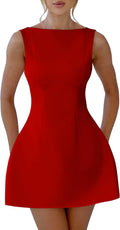 YMDUCH Women's Sleeveless Crew Neck Backless A-line Mini Dress - Sleek