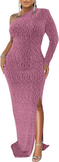 Women's Sparkly One Shoulder High Split Evening Dress - Long Sleeve