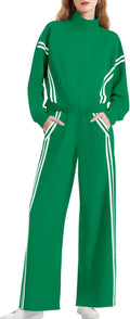 Women's 2 Piece Lounge Zip Up Sweat Set - Wide Leg Contrast Stripe