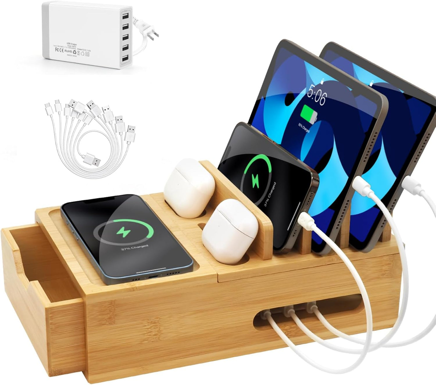 Bamboo Charging Station for Multiple Devices with Drawer & Tray