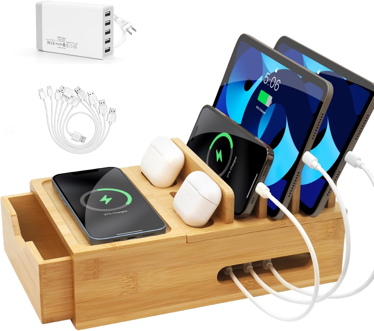 Bamboo Charging Station for Multiple Devices with Drawer & Tray