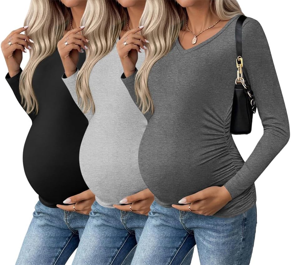 Ekouaer Womens Maternity Shirts Long Sleeve V-Neck Tops Pack